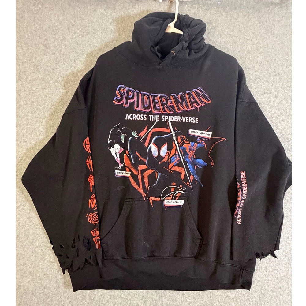 Marvel Spider-Man Across the Spider-Verse Hoodie Distressed Black Mens 2XL